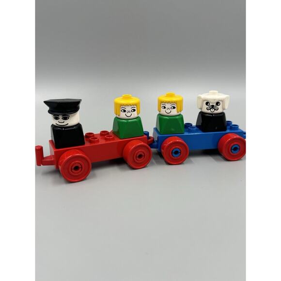 Vintage DUPLO People Blonde Woman Lot of 2 Dog Figures W/ 2 Lego Block Cars - Picture 1 of 4